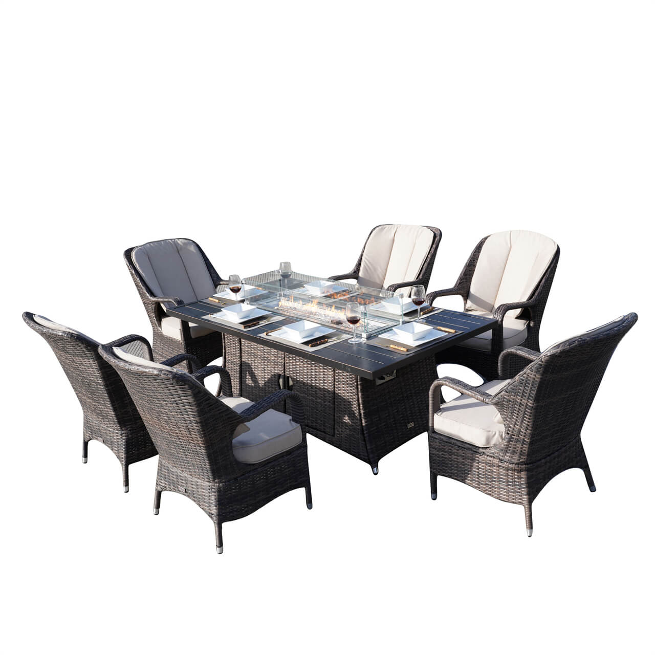 Parma 6-Seat Outdoor Fire Pit Dining Set- Fire Pit Table with Aluminum Tabletop (PAG-1106RA) - Direct Wicker