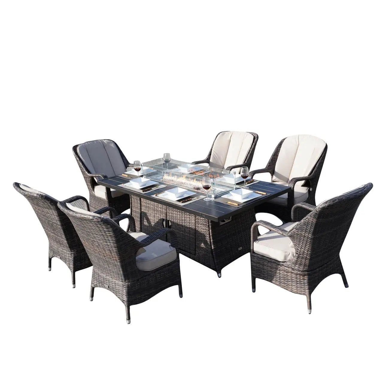 Parma 6-Seat Outdoor Fire Pit Dining Set- Fire Pit Table with Aluminum Tabletop (PAG-1106RA) - Direct Wicker