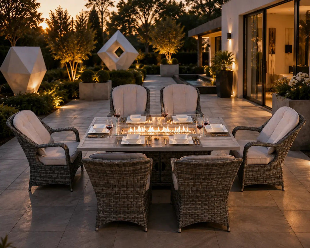 Parma 6-Seat Outdoor Fire Pit Dining Set- Fire Pit Table with Aluminum TableTop (PAG-1106RA) - Direct Wicker