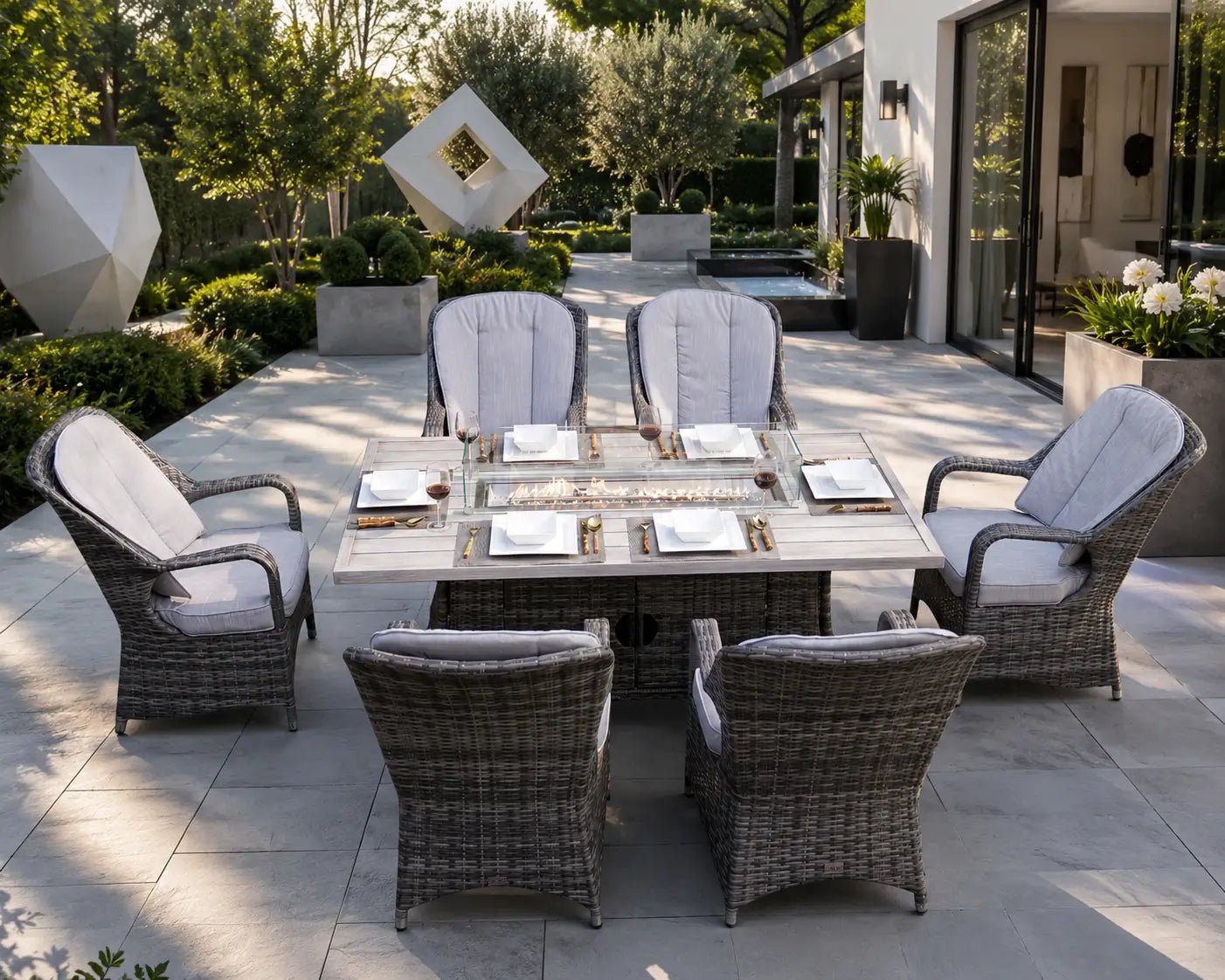 Parma 6-Seat Outdoor Fire Pit Dining Set- Fire Pit Table with Aluminum TableTop (PAG-1106RA) - Direct Wicker