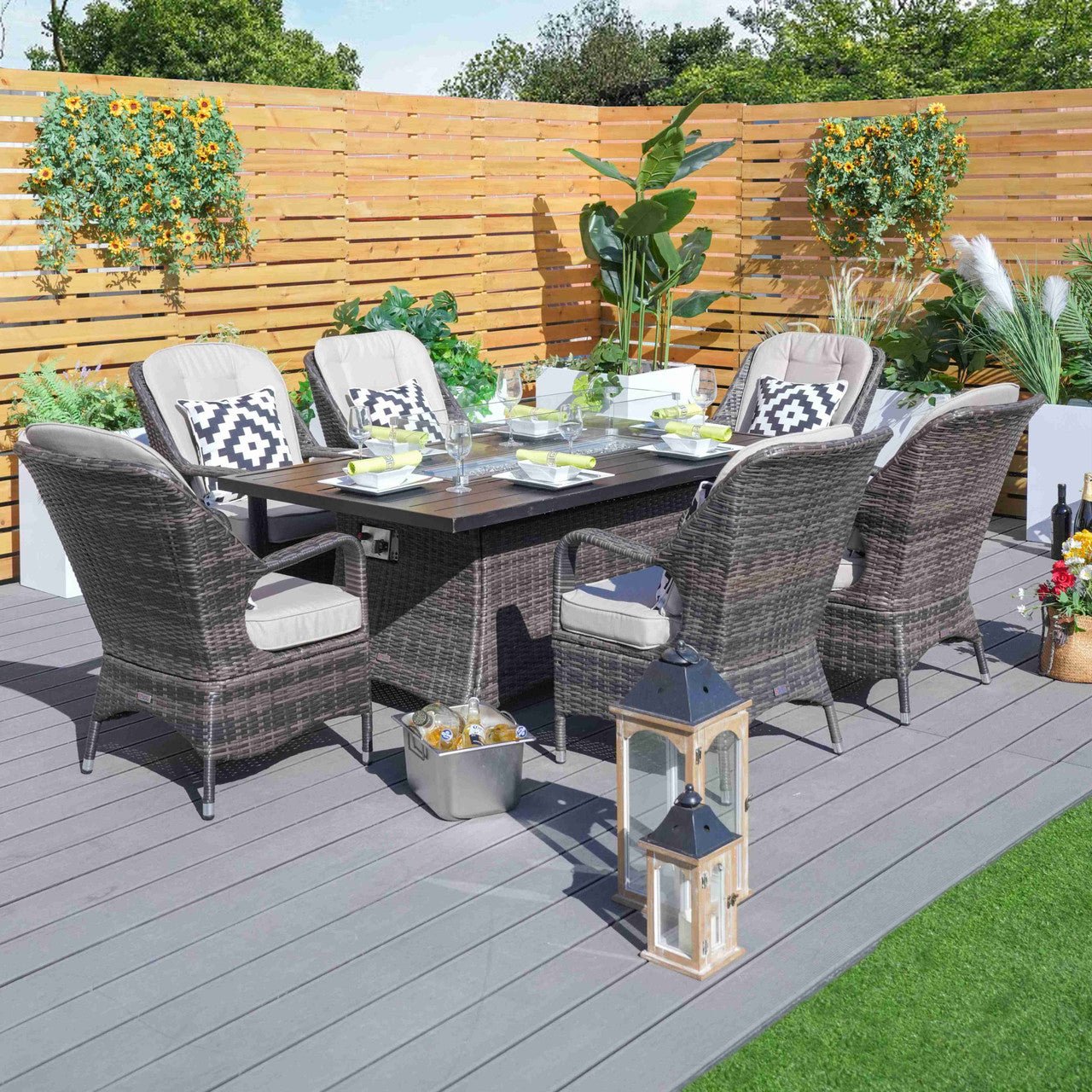 Patio Fire Pit Set 6-Seat Brown Rectangular Aluminum Table with Chairs