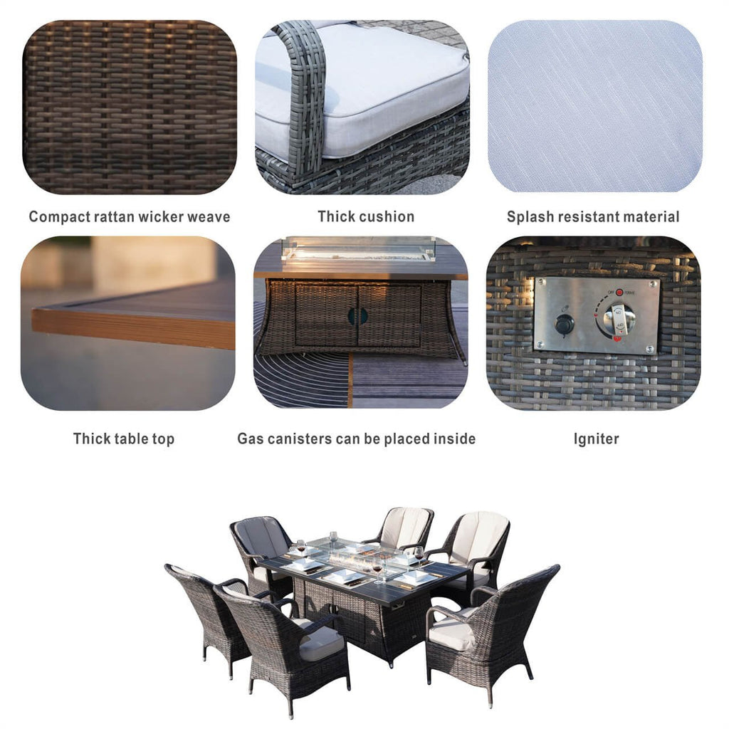 Details of Patio Fire Pit Set 6-Seat Rectangular Aluminum Table with Chairs