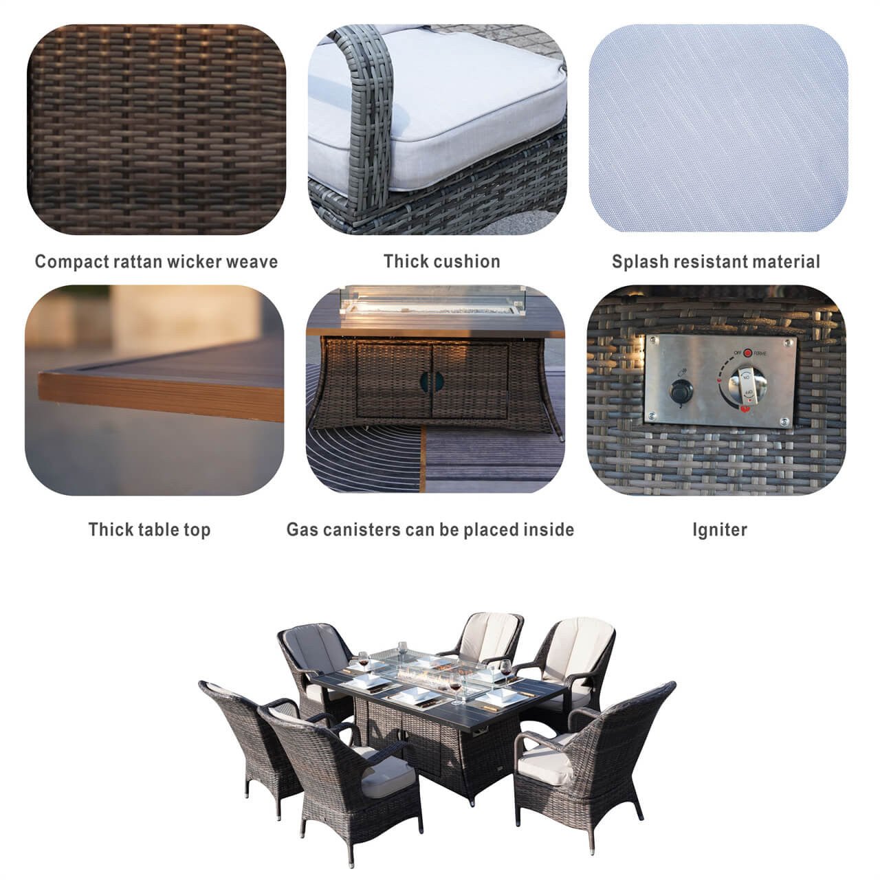 Details of Patio Fire Pit Set 6-Seat Rectangular Aluminum Table with Chairs