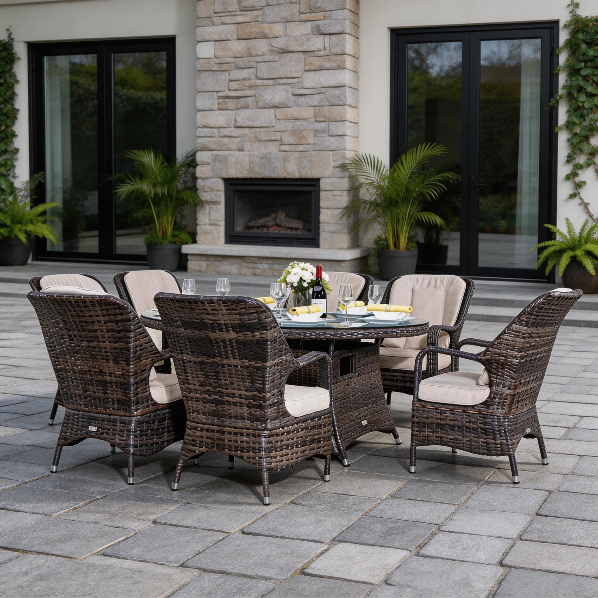 Parma 6-Seat Outdoor Fire Pit Dining Set – Oval Gas Fire Pit Table (PAG-1106O) - Direct Wicker