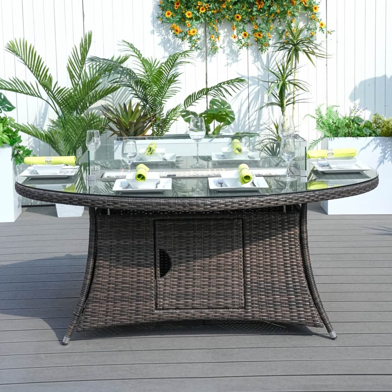 Parma 6-Seat Outdoor Fire Pit Dining Set – Oval Gas Fire Pit Table (PAG-1106O) - Direct Wicker