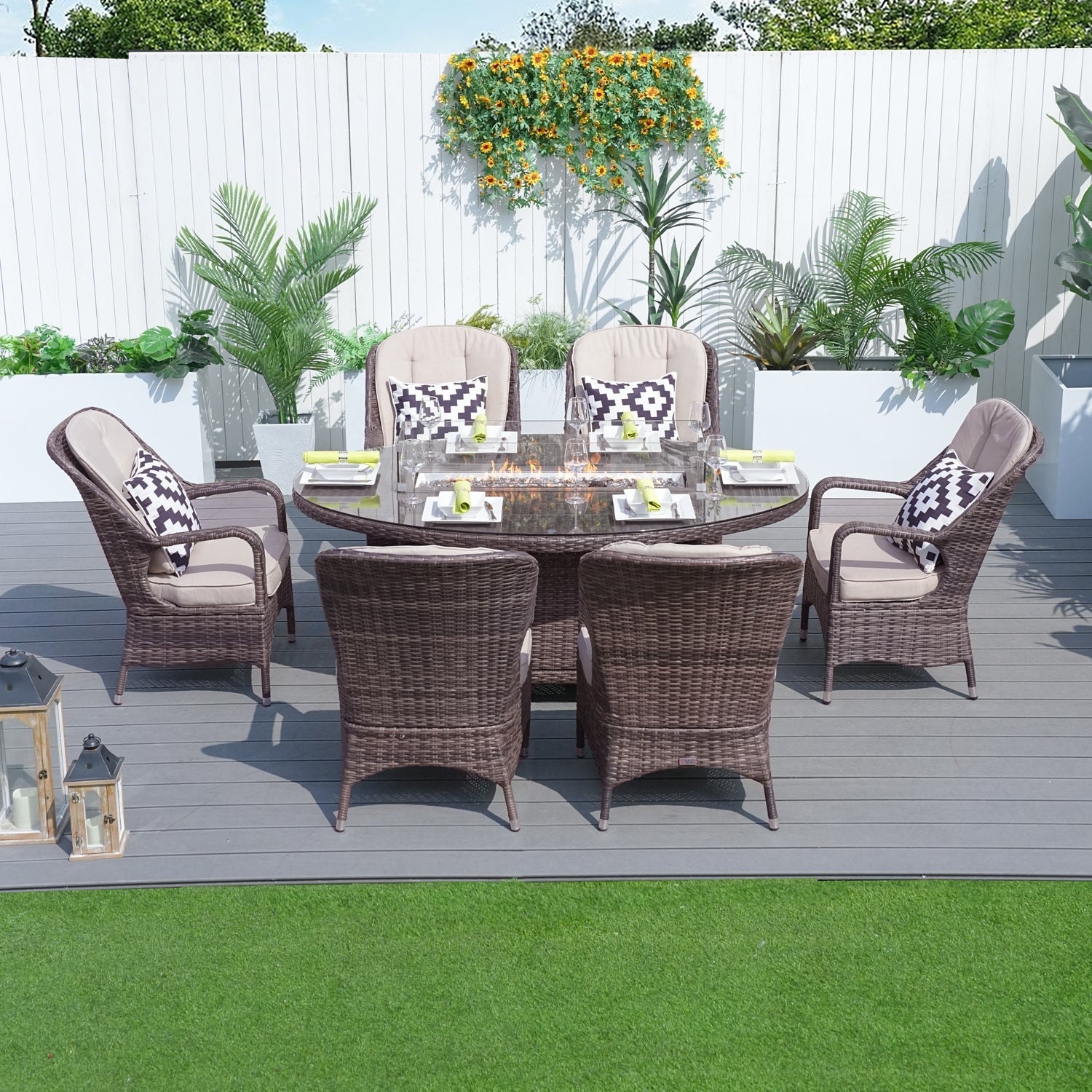 Parma 6-Seat Outdoor Fire Pit Dining Set – Oval Gas Fire Pit Table (PAG-1106O) - Direct Wicker