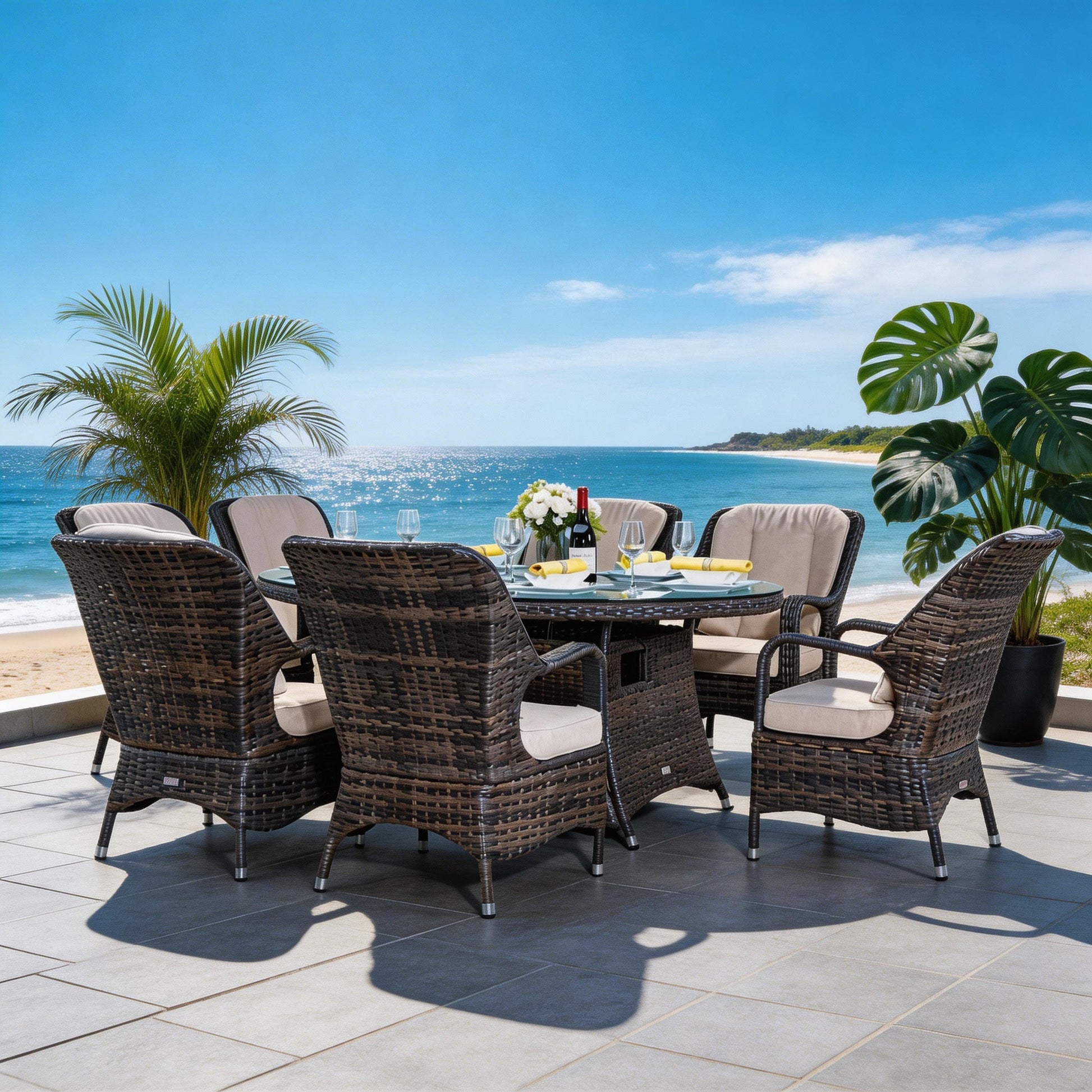 Parma 6-Seat Outdoor Fire Pit Dining Set – Oval Gas Fire Pit Table (PAG-1106O) - Direct Wicker