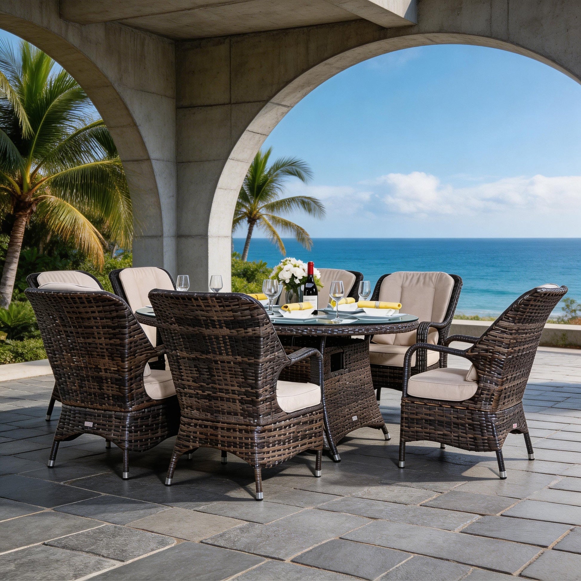 Parma 6-Seat Outdoor Fire Pit Dining Set – Oval Gas Fire Pit Table (PAG-1106O) - Direct Wicker
