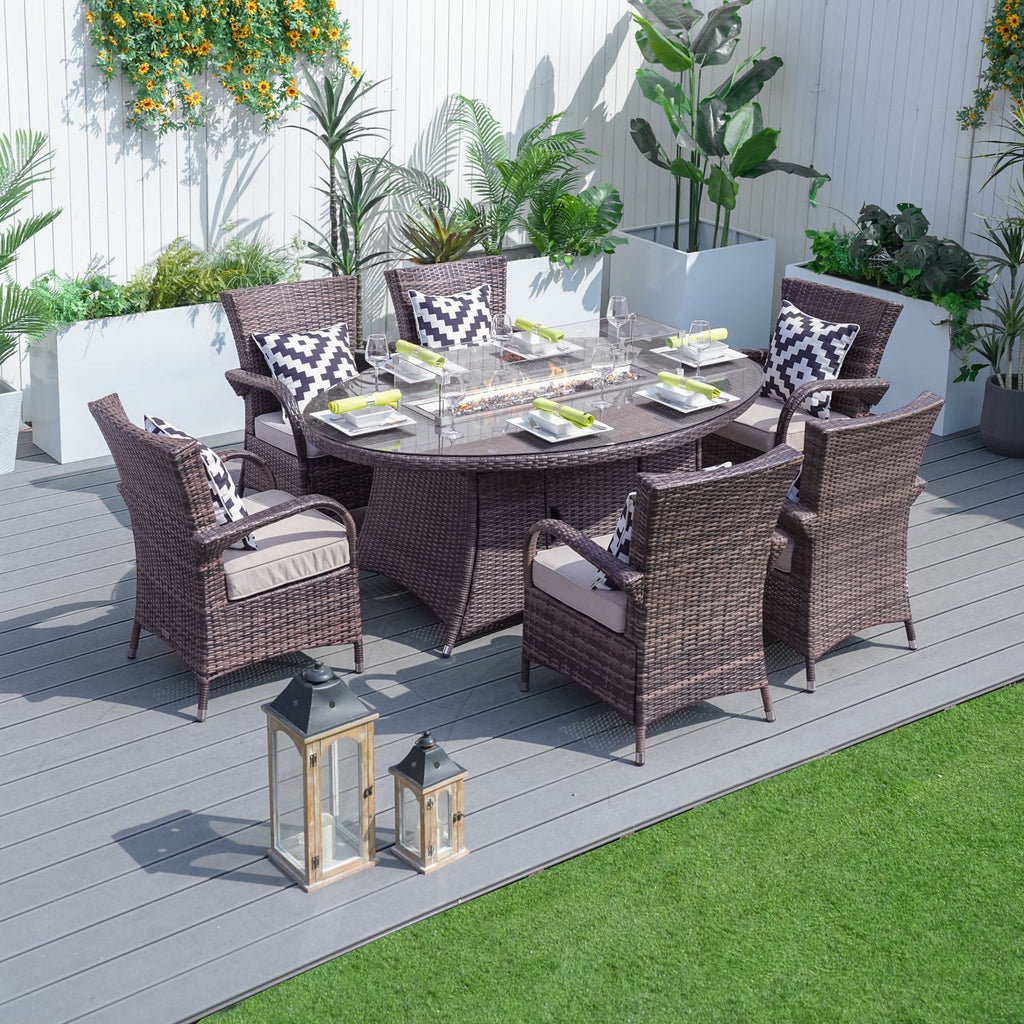 Parma 6-Seat Outdoor Fire Pit Dining Set – Oval Gas Fire Pit Table (PAG-1106O) - Direct Wicker