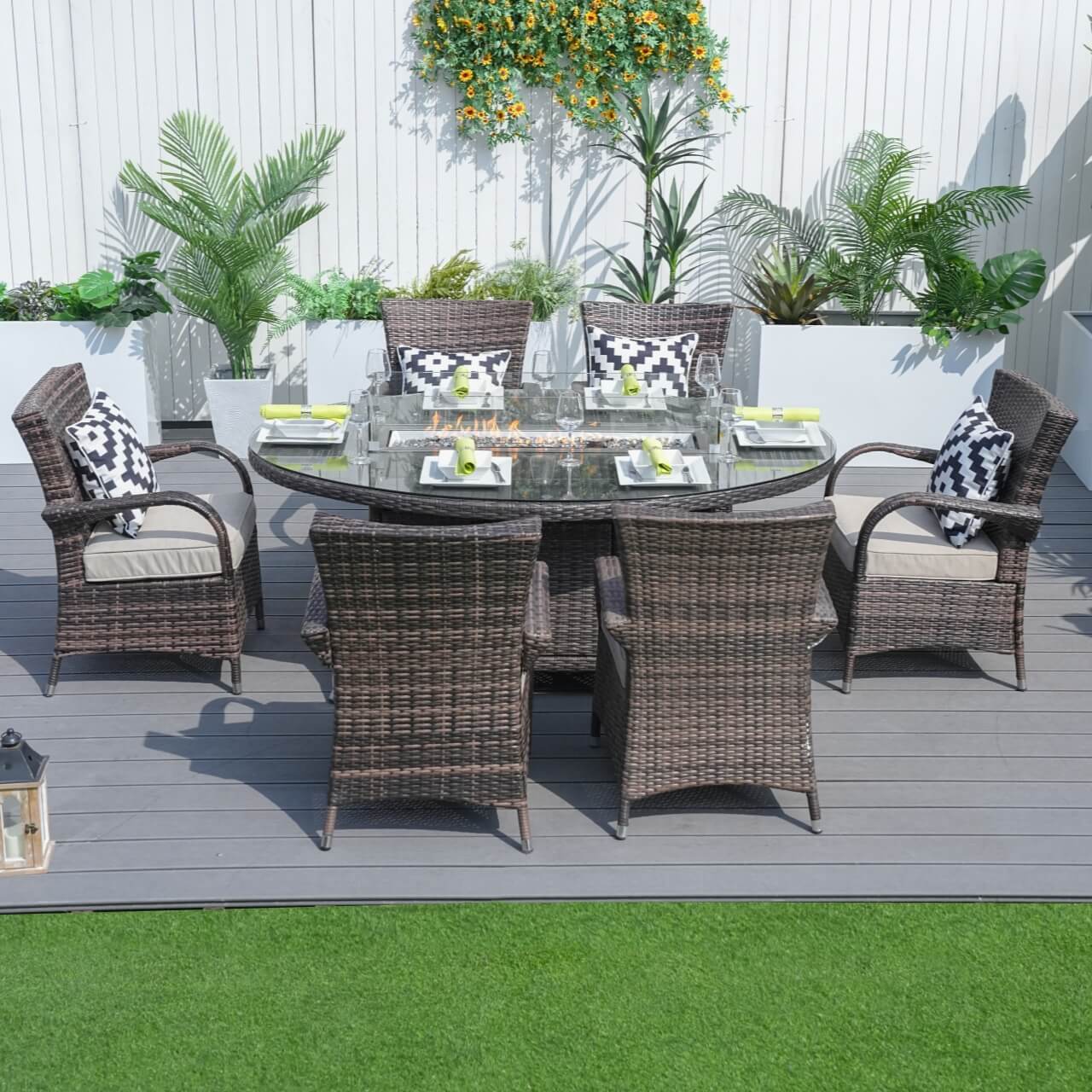 Parma 6-Seat Outdoor Fire Pit Dining Set – Oval Gas Fire Pit Table (PAG-1106O) - Direct Wicker