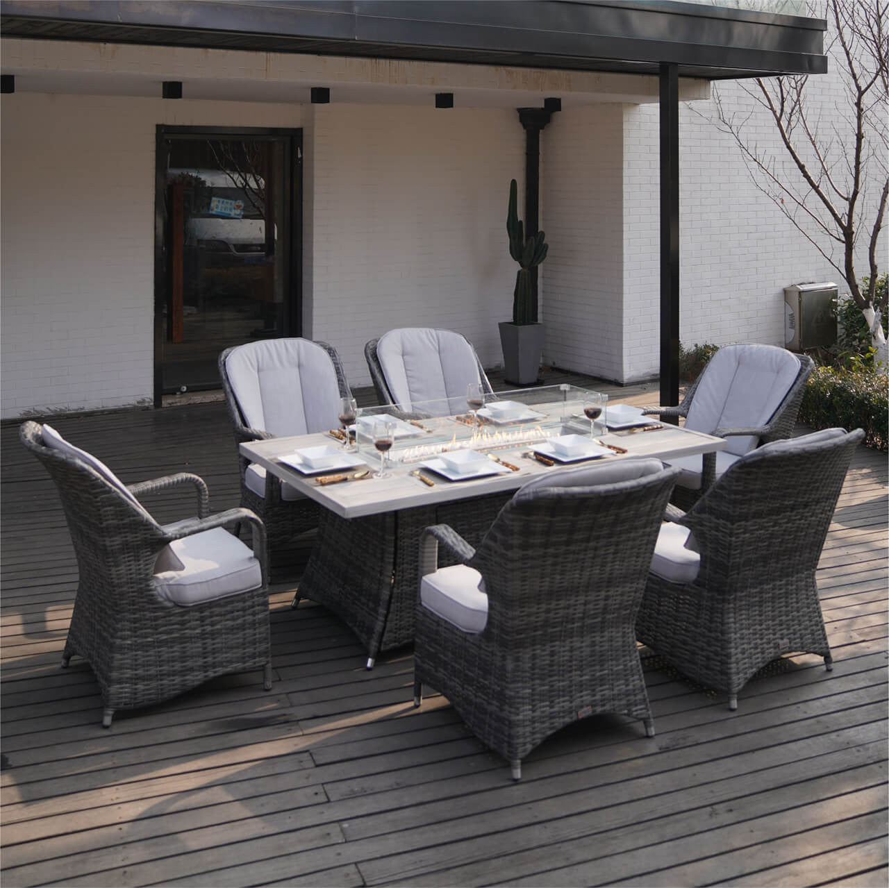 Parma 6-Seat Outdoor Fire Pit Dining Set - Rectangle Fire Pit Table with Aluminum Tabletop (PAG - 1106RA) - Direct Wicker
