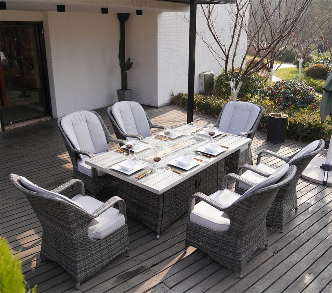 Parma 6-Seat Outdoor Fire Pit Dining Set - Rectangle Fire Pit Table with Aluminum Tabletop (PAG - 1106RA) - Direct Wicker