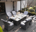 Parma 6-Seat Outdoor Fire Pit Dining Set - Rectangle Fire Pit Table with Aluminum Tabletop (PAG - 1106RA) - Direct Wicker