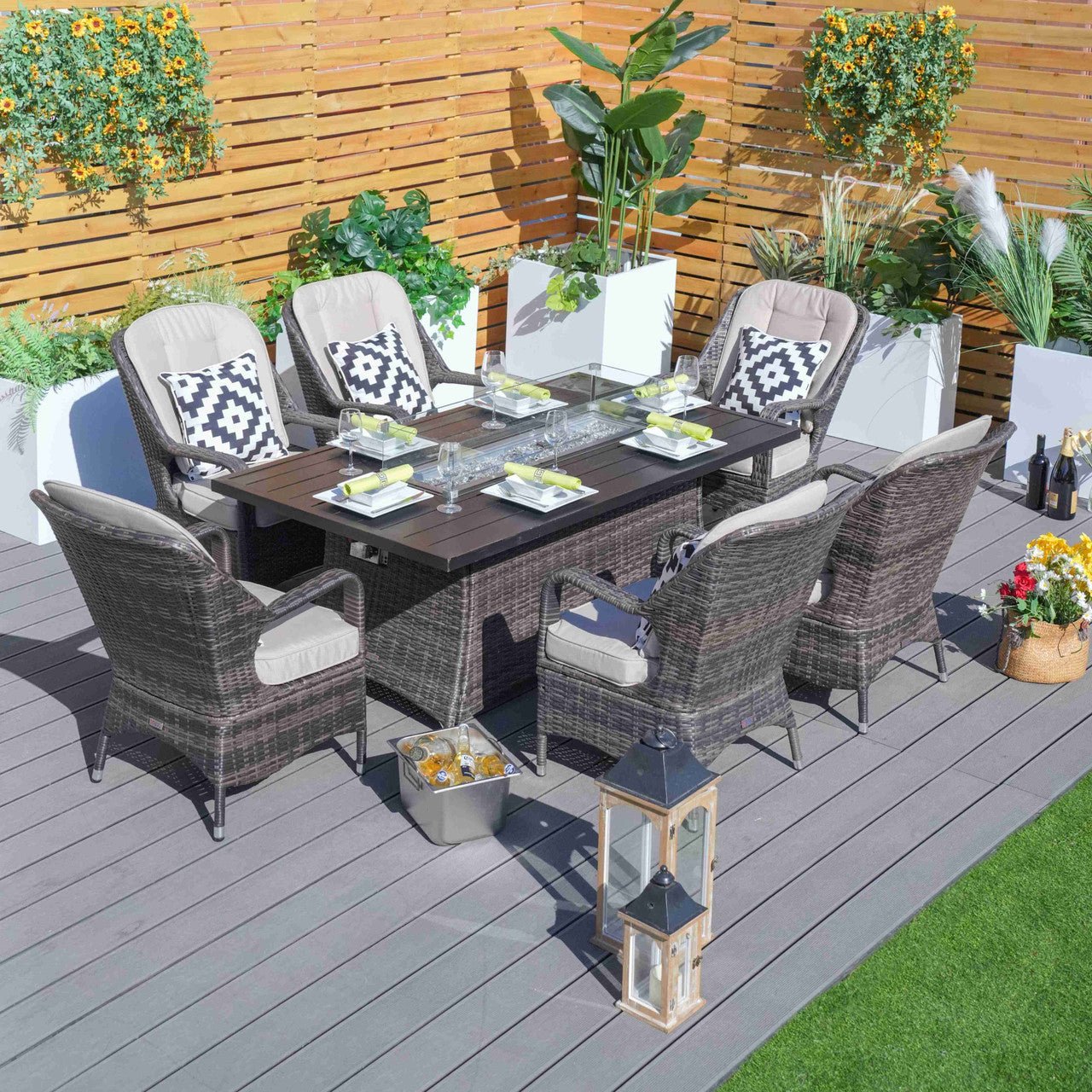 Parma 6-Seat Outdoor Fire Pit Dining Set - Rectangle Fire Pit Table with Aluminum Tabletop (PAG - 1106RA) - Direct Wicker