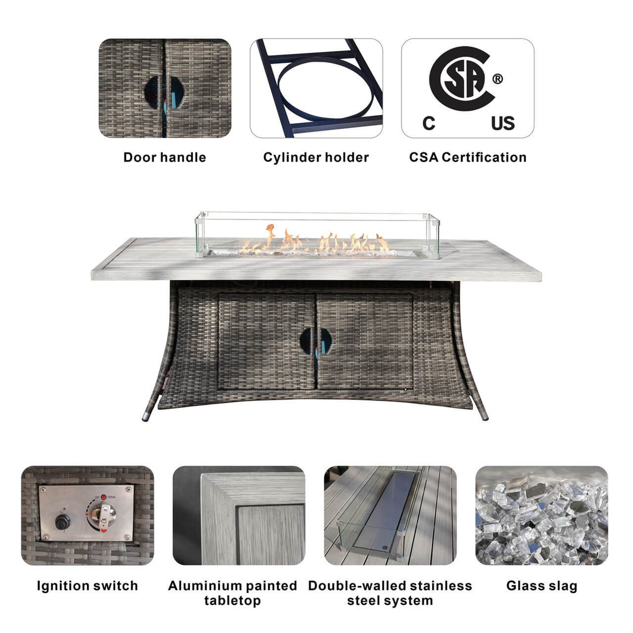 Parma 6-Seat Outdoor Fire Pit Dining Set - Rectangle Fire Pit Table with Aluminum Tabletop (PAG - 1106RA) - Direct Wicker