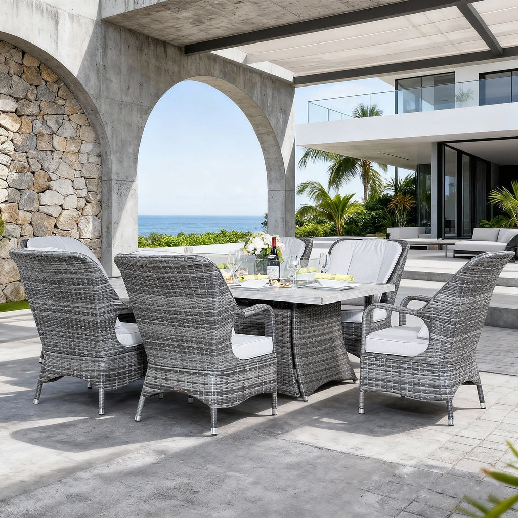 Parma 6-Seat Outdoor Fire Pit Dining Set - Rectangle Fire Pit Table with Aluminum Tabletop (PAG - 1106RA) - Direct Wicker