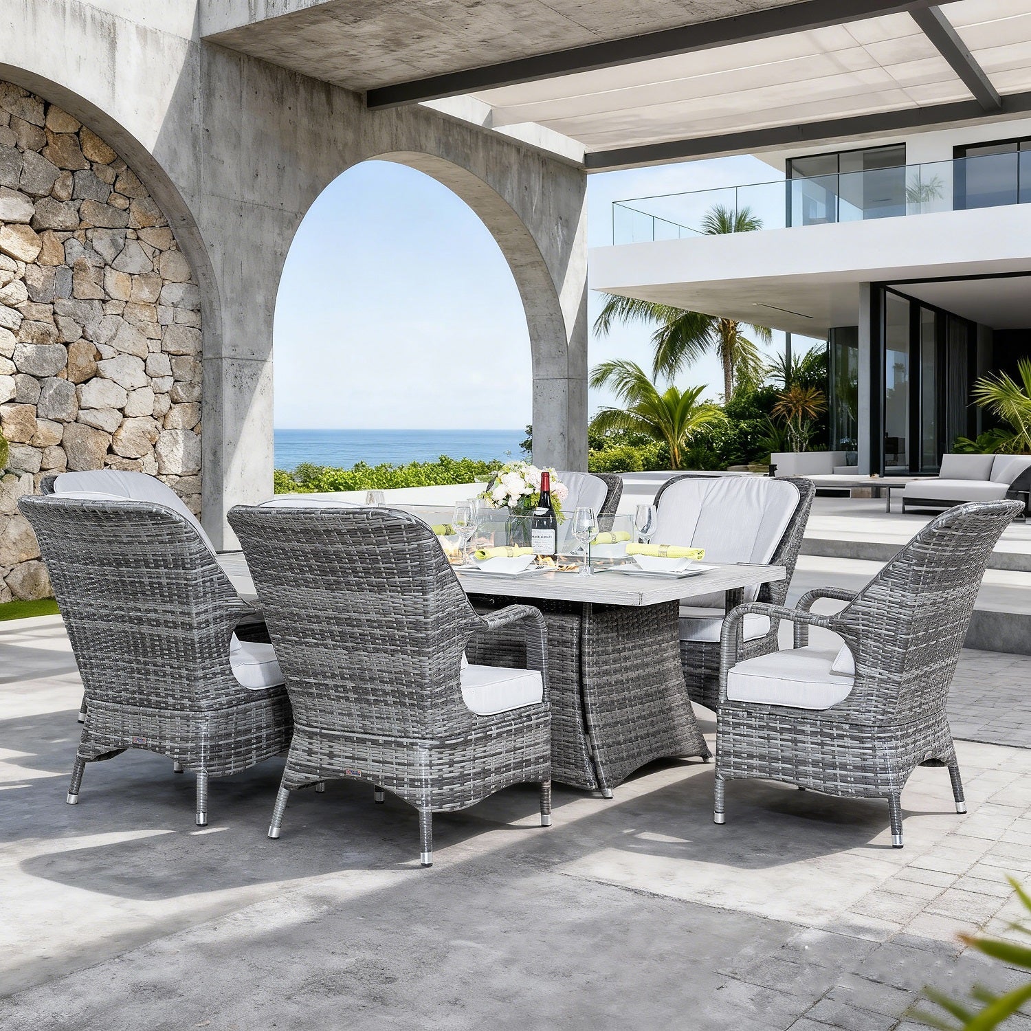 Parma 6-Seat Outdoor Fire Pit Dining Set - Rectangle Fire Pit Table with Aluminum Tabletop (PAG - 1106RA) - Direct Wicker