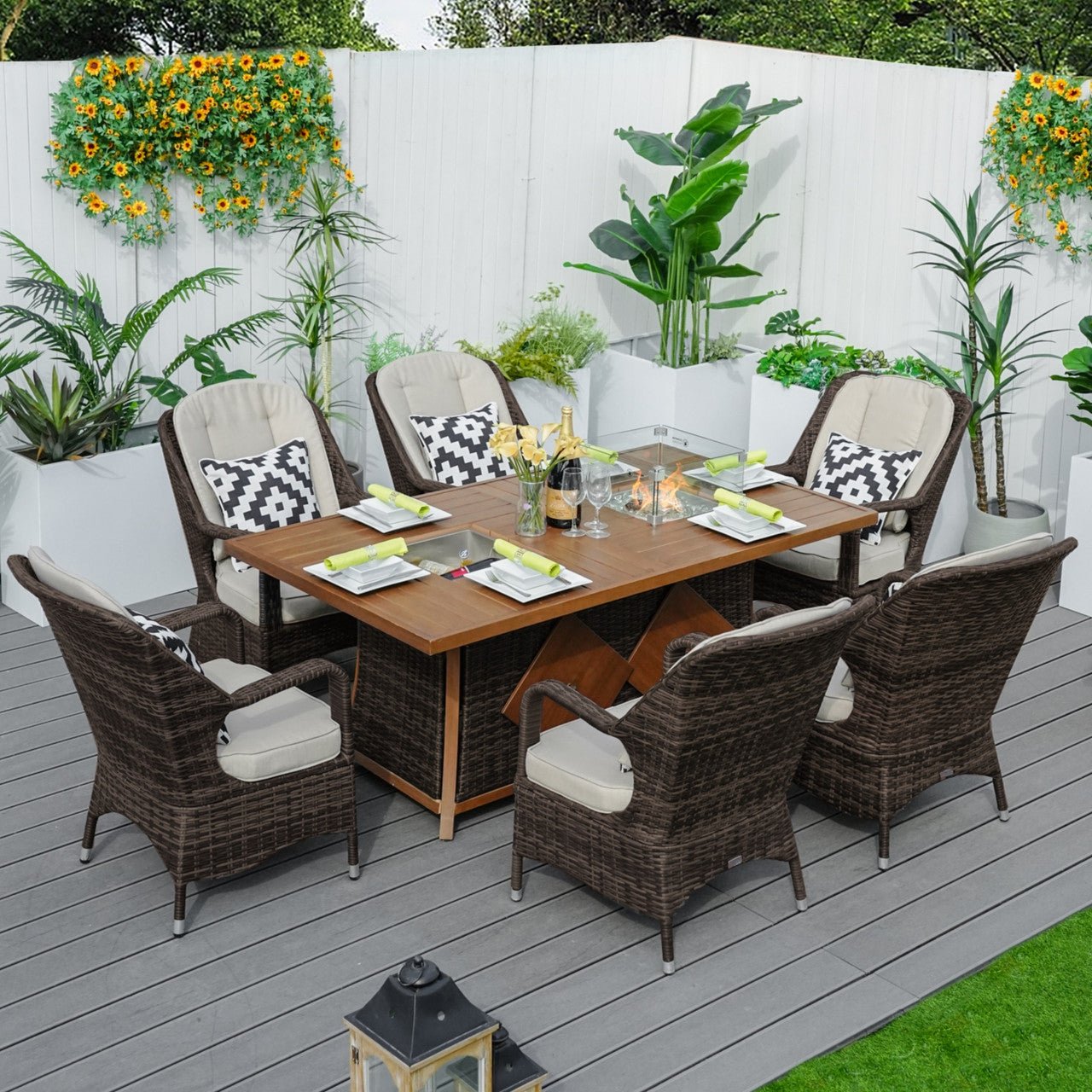 Parma 6 - Seat Outdoor Fire Pit Dining Set - Rectangle Fire Pit Table with Ice Bucket (PAG - 1106FI) - Direct Wicker