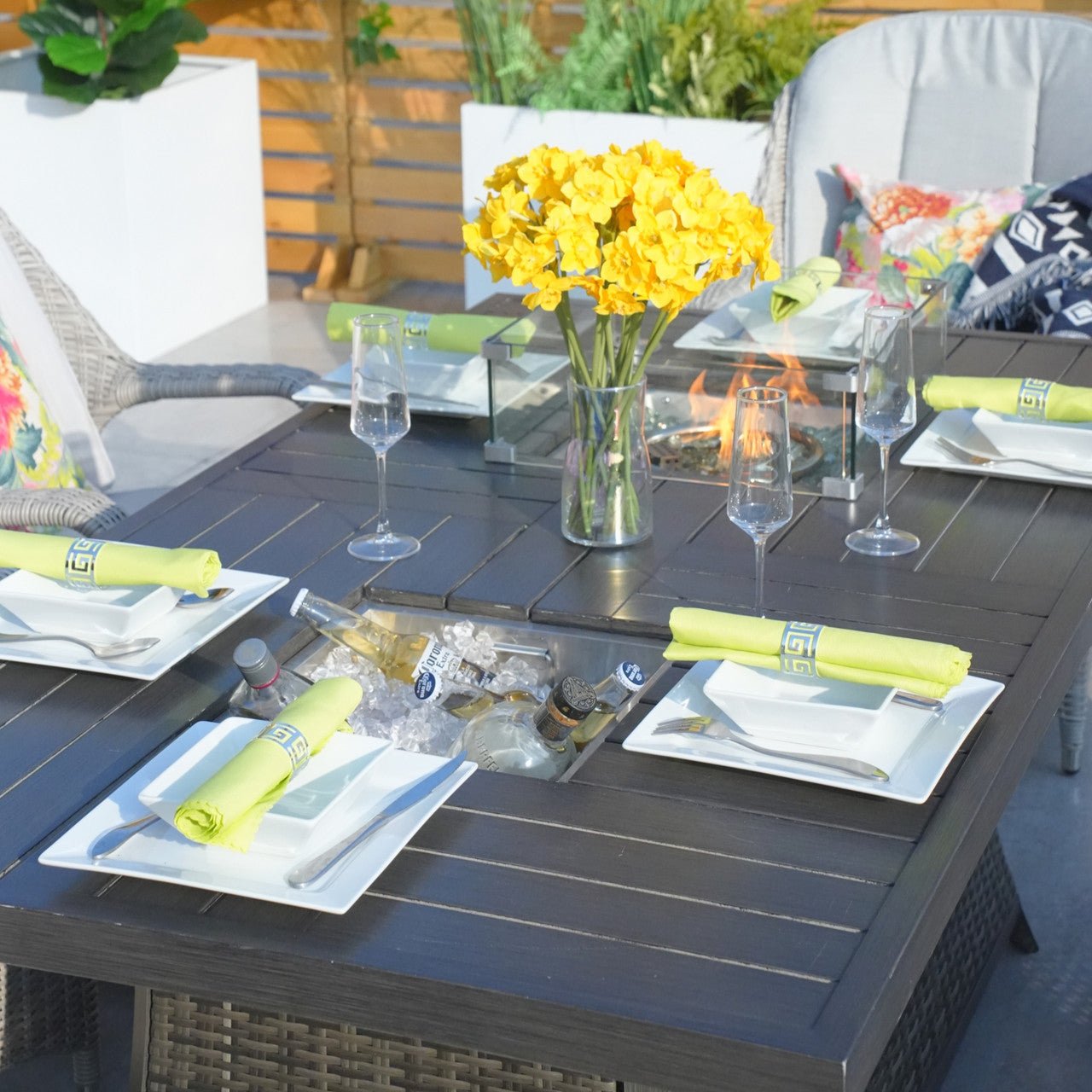 Parma 6 - Seat Outdoor Fire Pit Dining Set - Rectangle Fire Pit Table with Ice Bucket (PAG - 1106FI) - Direct Wicker