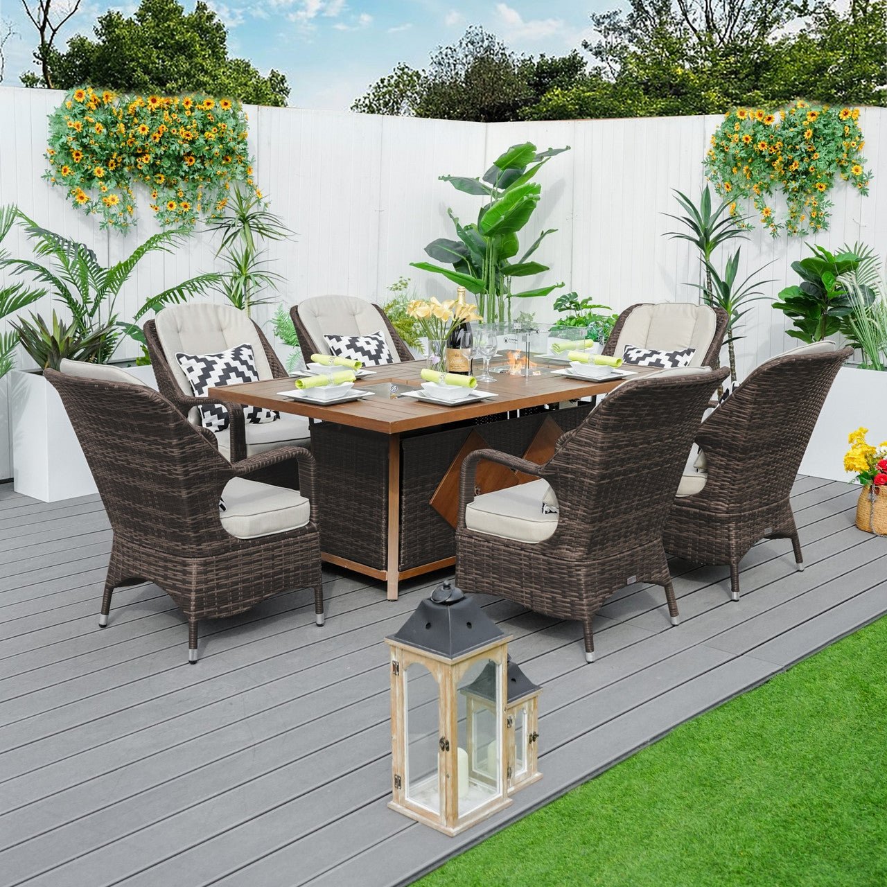 Parma 6 - Seat Outdoor Fire Pit Dining Set - Rectangle Fire Pit Table with Ice Bucket (PAG - 1106FI) - Direct Wicker