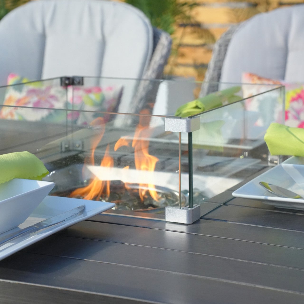 Parma 6 - Seat Outdoor Fire Pit Dining Set - Rectangle Fire Pit Table with Ice Bucket (PAG - 1106FI) - Direct Wicker