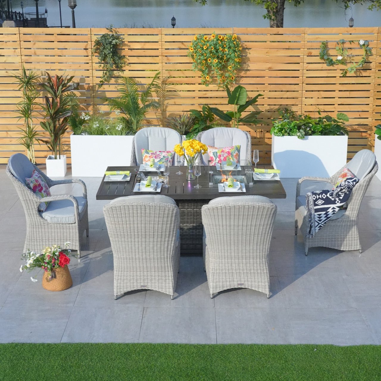 Parma 6 - Seat Outdoor Fire Pit Dining Set - Rectangle Fire Pit Table with Ice Bucket (PAG - 1106FI) - Direct Wicker