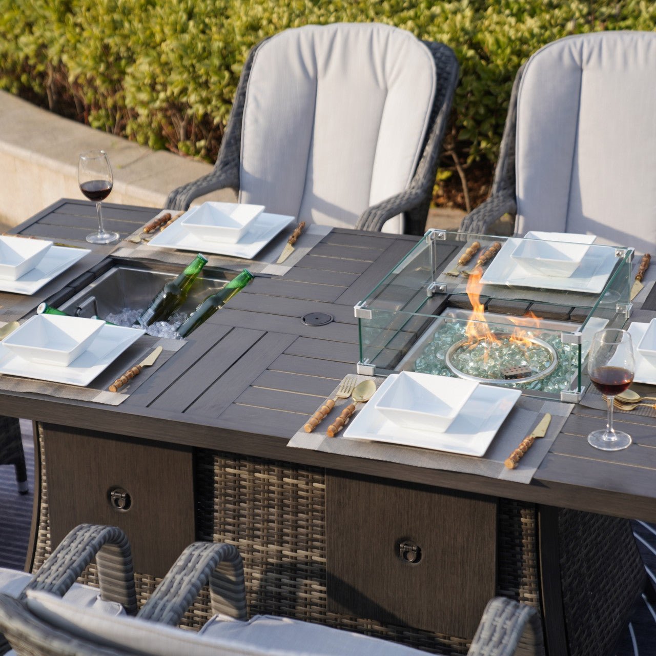 Parma 6 - Seat Outdoor Fire Pit Dining Set - Rectangle Fire Pit Table with Ice Bucket (PAG - 1106FI) - Direct Wicker