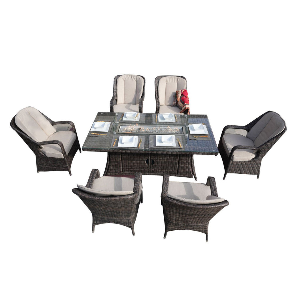 Direct Wicker's 6-Seat Rectangle Patio Fire Pit Set With White background