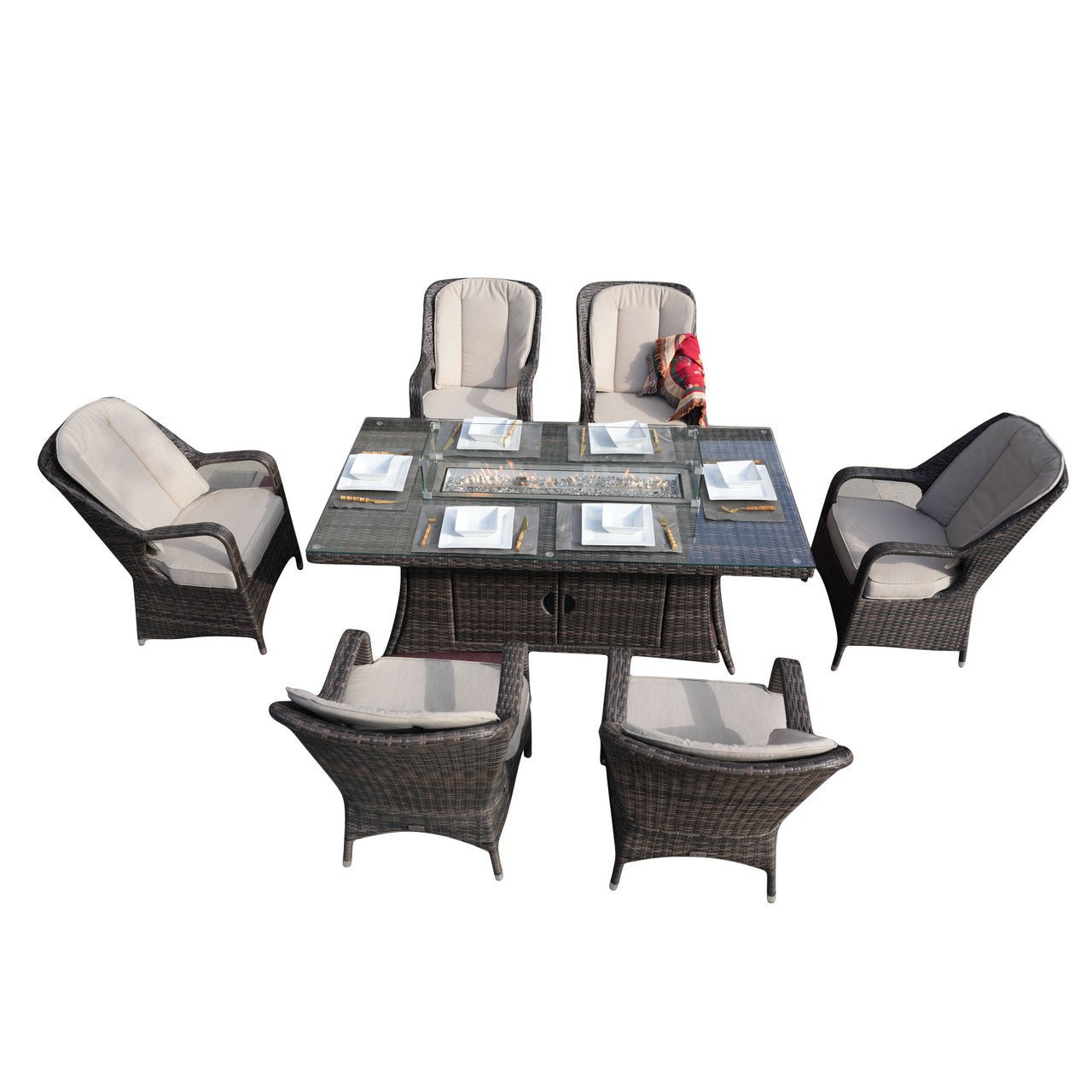 Direct Wicker's 6-Seat Rectangle Patio Fire Pit Set With White background