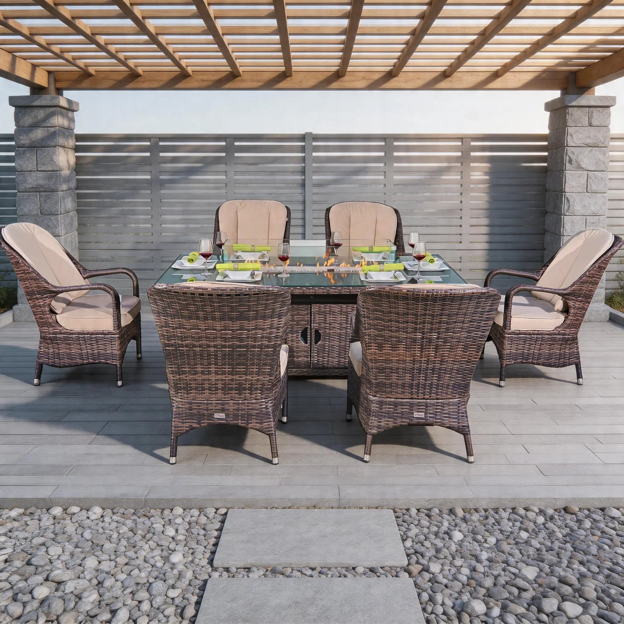 Parma 6 - Seater Outdoor Fire Pit Dining Set – Rectangle Fire Pit Table (PAG - 1106R) - Direct Wicker