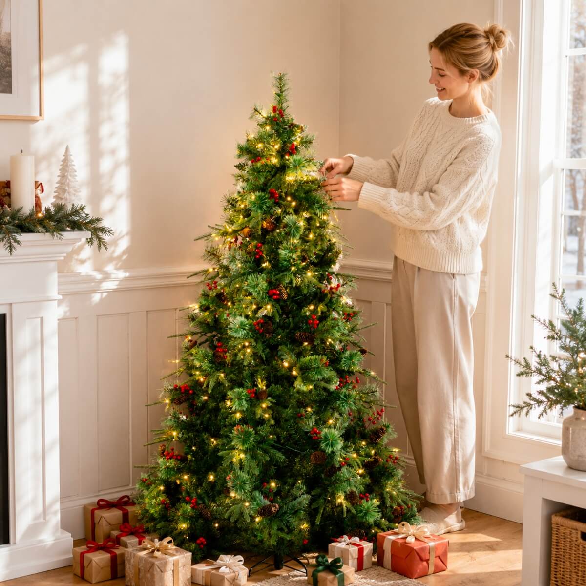 Pre-Lit Artificial Christmas Tree with Red Berries, Pine Cones, Warm White LED Lights & Automatic-Opening PVC Branches – 5 FT, 6 FT & 7 FT (PAT-011L) - Direct Wicker