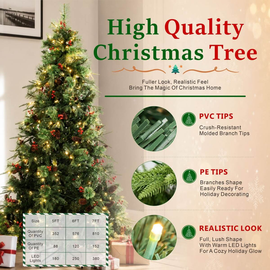 Pre-Lit Artificial Christmas Tree with Red Berries, Pine Cones, Warm White LED Lights & Automatic-Opening PVC Branches – 5 FT, 6 FT & 7 FT (PAT-011L) - Direct Wicker