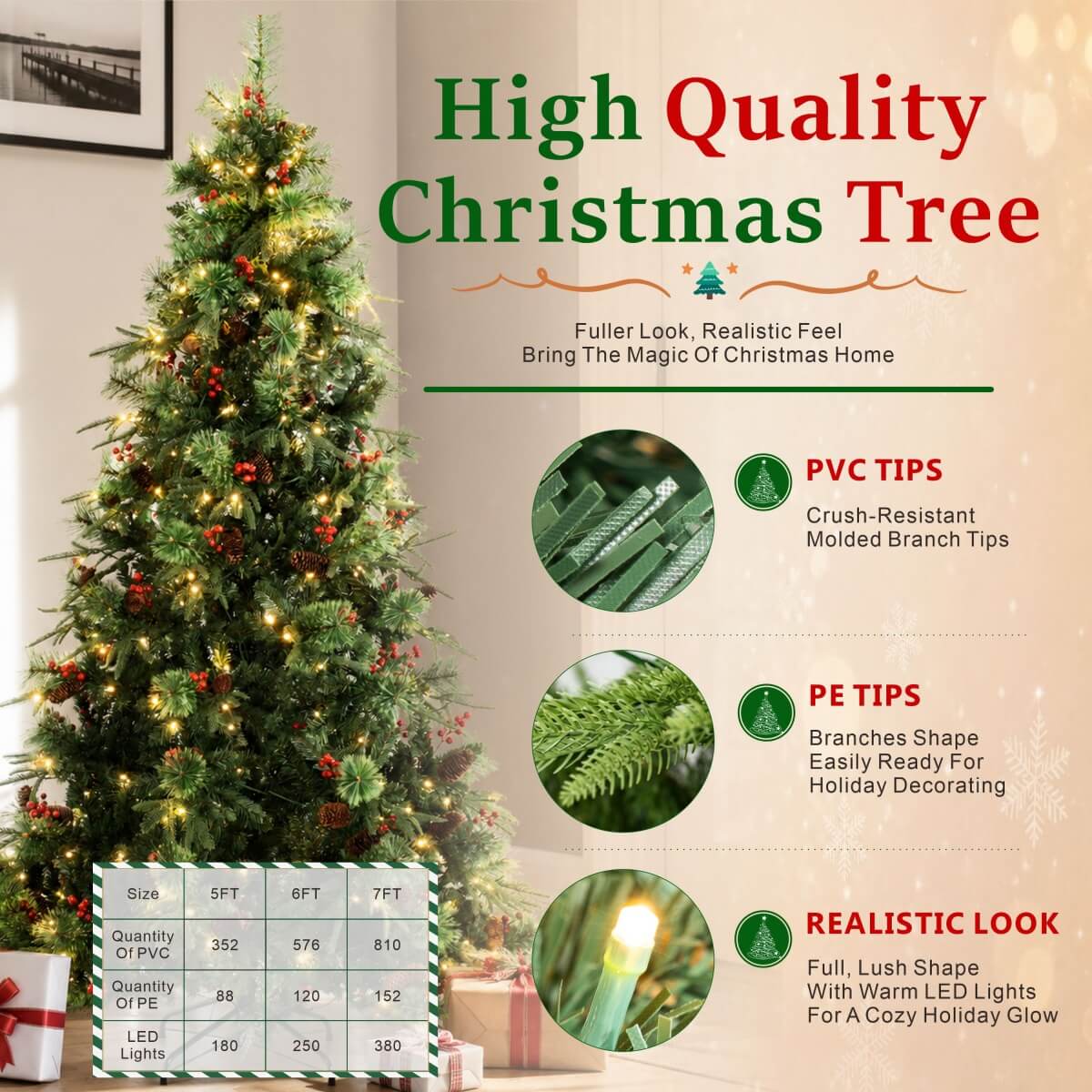 Pre-Lit Artificial Christmas Tree with Red Berries, Pine Cones, Warm White LED Lights & Automatic-Opening PVC Branches – 5 FT, 6 FT & 7 FT (PAT-011L) - Direct Wicker