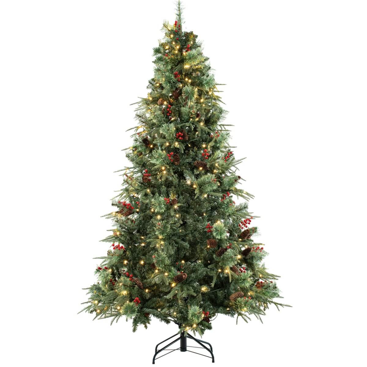Pre-Lit Artificial Christmas Tree with Red Berries, Pine Cones, Warm White LED Lights & Automatic-Opening PVC Branches – 5 FT, 6 FT & 7 FT (PAT-011L) - Direct Wicker