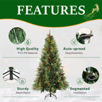 Pre-Lit Artificial Christmas Tree with Red Berries, Pine Cones, Warm White LED Lights & Automatic-Opening PVC Branches – 5 FT, 6 FT & 7 FT (PAT-011L) - Direct Wicker