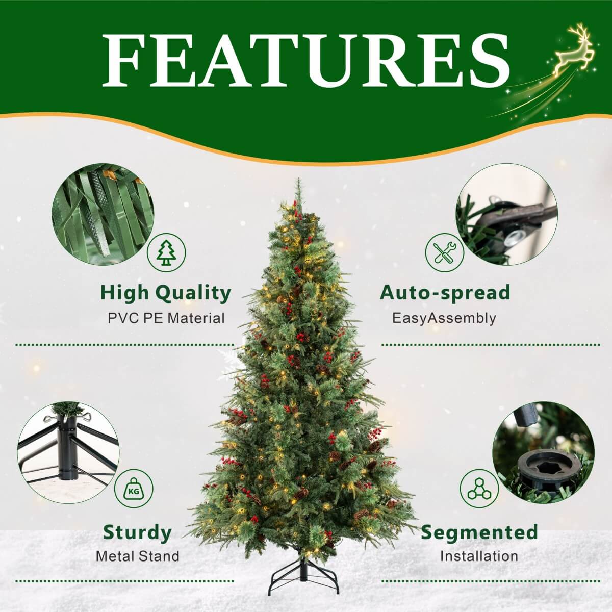 Pre-Lit Artificial Christmas Tree with Red Berries, Pine Cones, Warm White LED Lights & Automatic-Opening PVC Branches – 5 FT, 6 FT & 7 FT (PAT-011L) - Direct Wicker