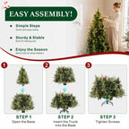 Pre-Lit Artificial Christmas Tree with Red Berries, Pine Cones, Warm White LED Lights & Automatic-Opening PVC Branches – 5 FT, 6 FT & 7 FT (PAT-011L) - Direct Wicker