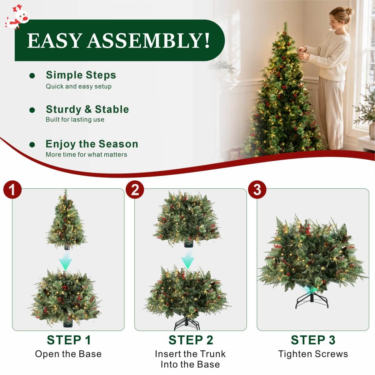 Pre-Lit Artificial Christmas Tree with Red Berries, Pine Cones, Warm White LED Lights & Automatic-Opening PVC Branches – 5 FT, 6 FT & 7 FT (PAT-011L) - Direct Wicker