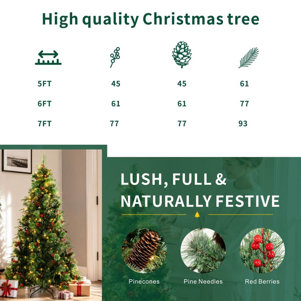 Pre-Lit Artificial Christmas Tree with Red Berries, Pine Cones, Warm White LED Lights & Automatic-Opening PVC Branches – 5 FT, 6 FT & 7 FT (PAT-011L) - Direct Wicker