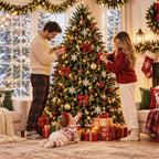 Pre-Lit Artificial Christmas Tree with Red Berries, Pine Cones, Warm White LED Lights & Automatic-Opening PVC Branches – 5 FT, 6 FT & 7 FT (PAT-011L) - Direct Wicker