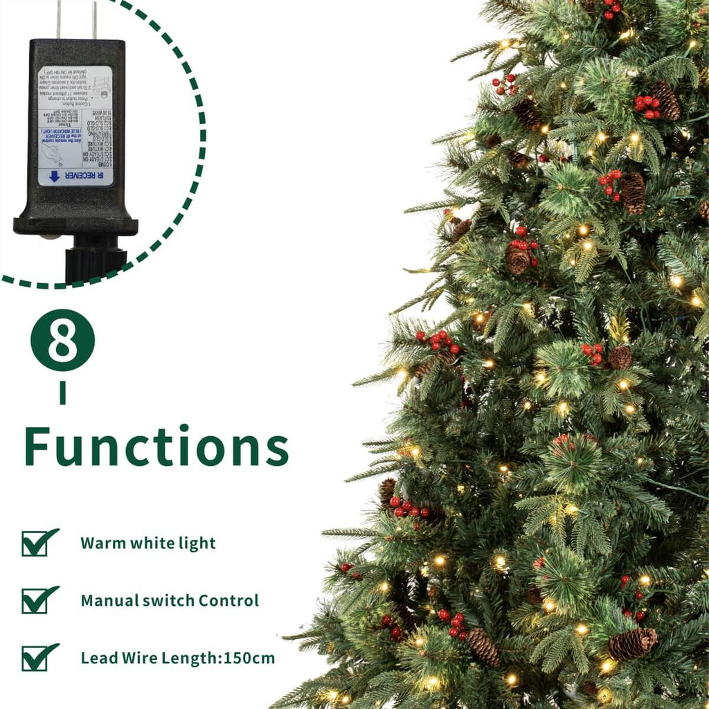 Pre-Lit Artificial Christmas Tree with Red Berries, Pine Cones, Warm White LED Lights & Automatic-Opening PVC Branches – 5 FT, 6 FT & 7 FT (PAT-011L) - Direct Wicker