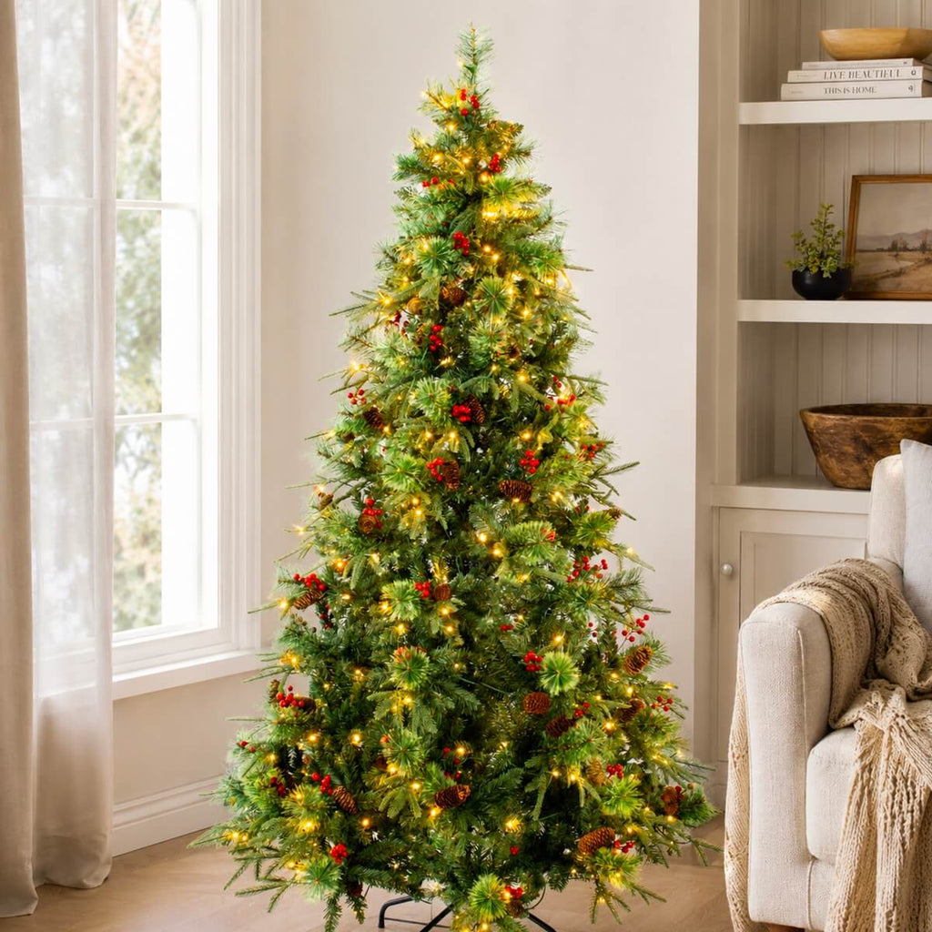 Pre-Lit Artificial Christmas Tree with Red Berries, Pine Cones, Warm White LED Lights & Automatic-Opening PVC Branches – 5 FT, 6 FT & 7 FT (PAT-011L) - Direct Wicker