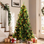 Pre-Lit Artificial Christmas Tree with Red Berries, Pine Cones, Warm White LED Lights & Automatic-Opening PVC Branches – 5 FT, 6 FT & 7 FT (PAT-011L) - Direct Wicker