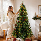 Pre-Lit Artificial Christmas Tree with Red Berries, Pine Cones, Warm White LED Lights & Automatic-Opening PVC Branches – 5 FT, 6 FT & 7 FT (PAT-011L) - Direct Wicker