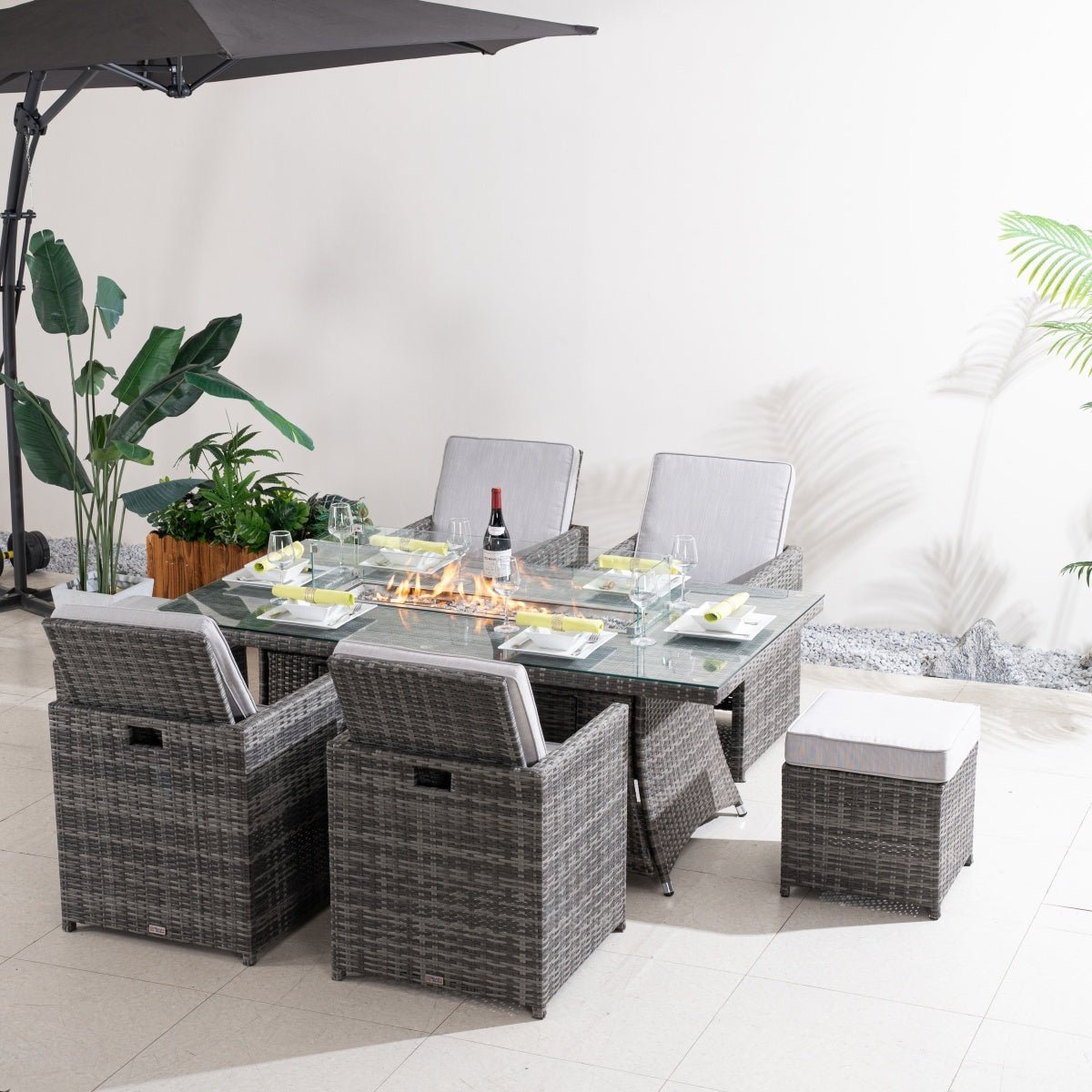 Premium 5-Piece Outdoor Fire Pit Dining Set with Storage Chairs & Ottomans (PAG-1106R+3234-GR) - Direct Wicker