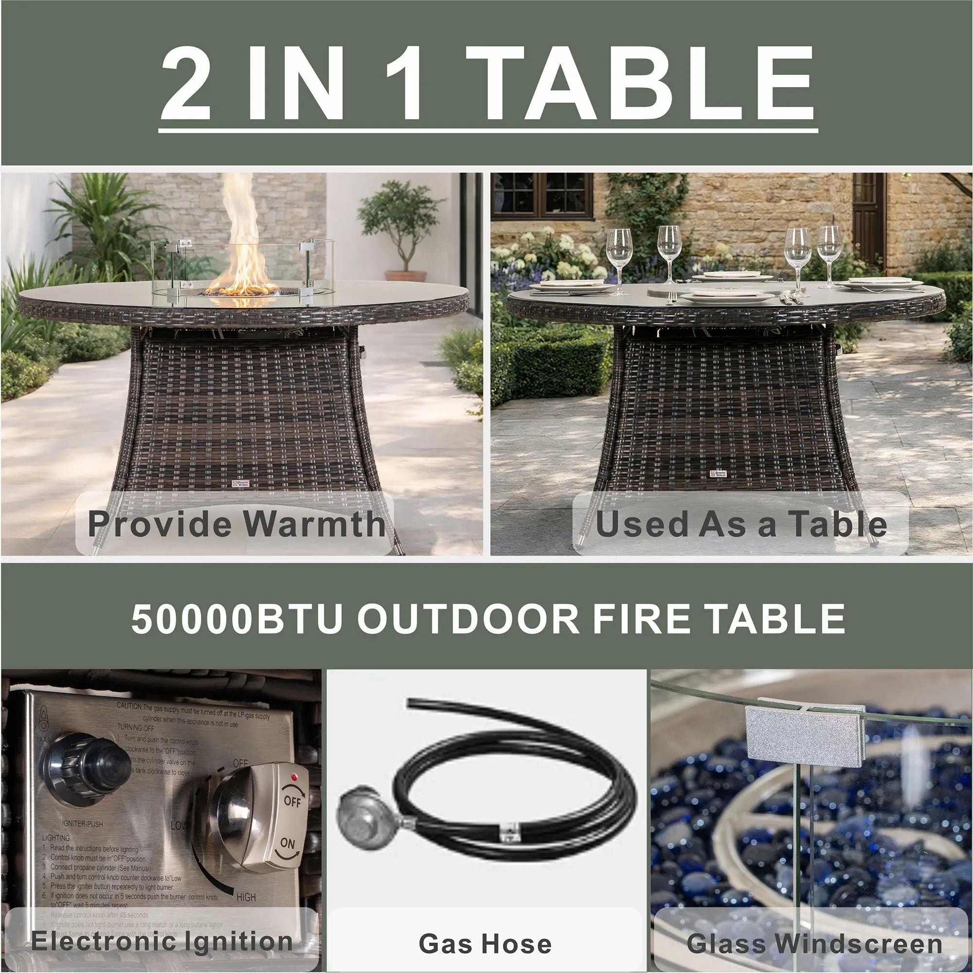 Premium All-Weather Round Aluminum Propane Fire Pit Table (PAG-2601) - Direct Wicker