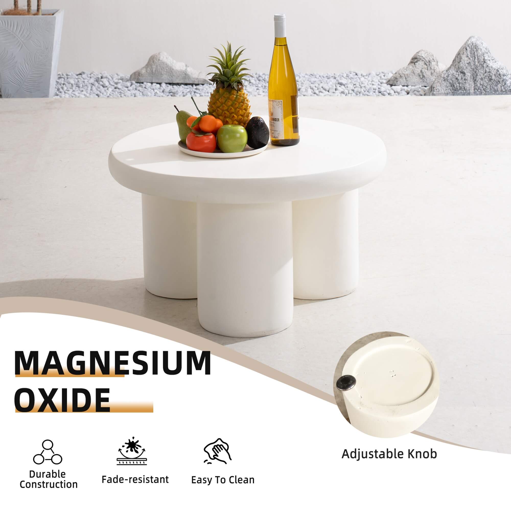 Premium Magnesium Oxide Round Coffee Table – Cream Color with Adjustable Knob - Direct Wicker