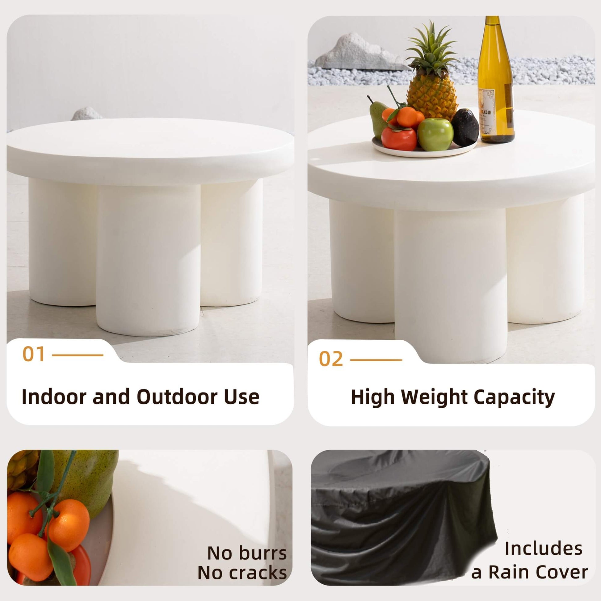 Premium Magnesium Oxide Round Coffee Table – Cream Color with Adjustable Knob - Direct Wicker
