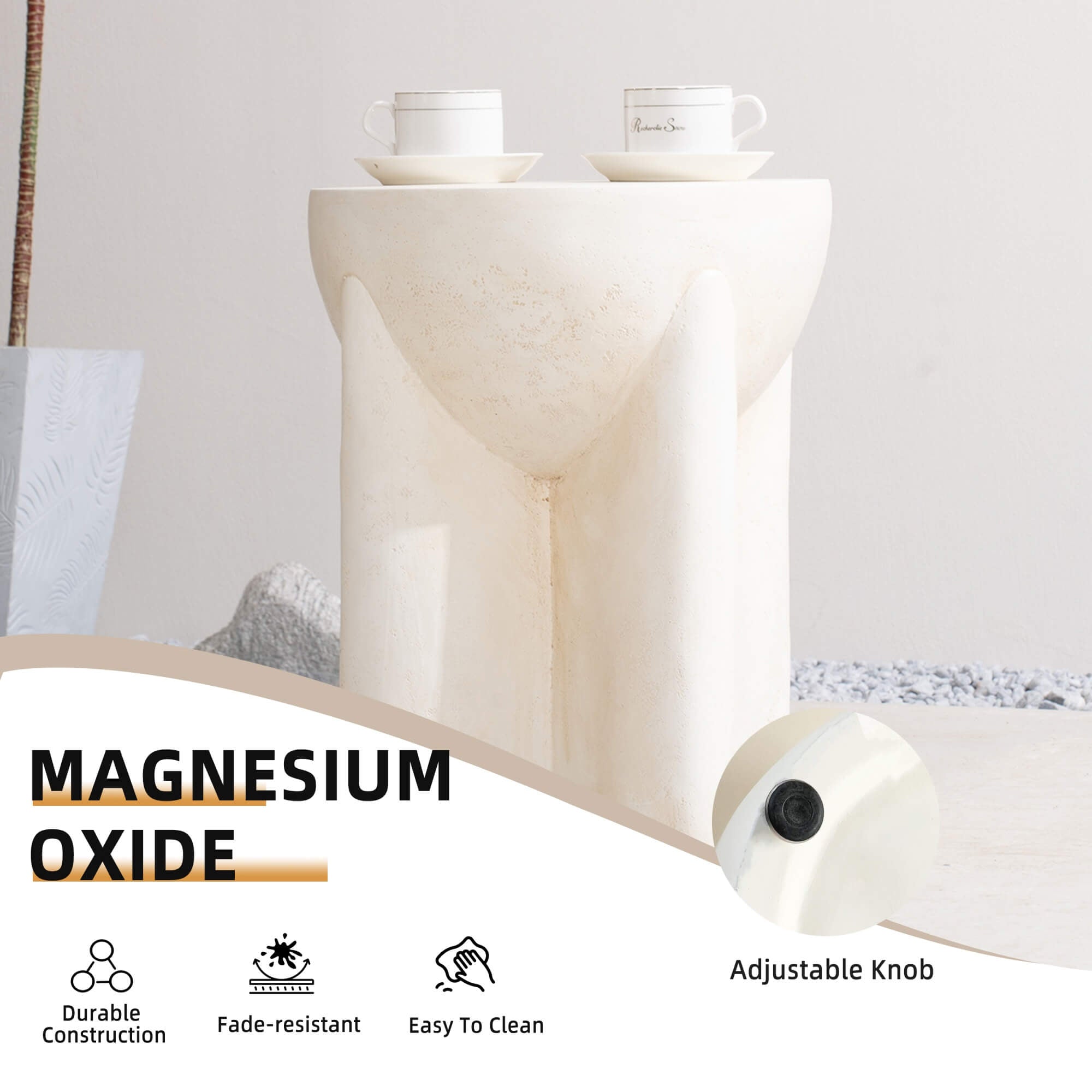 Premium Magnesium Oxide Round Side Coffee Table – Cream Color with Adjustable Knob - Direct Wicker