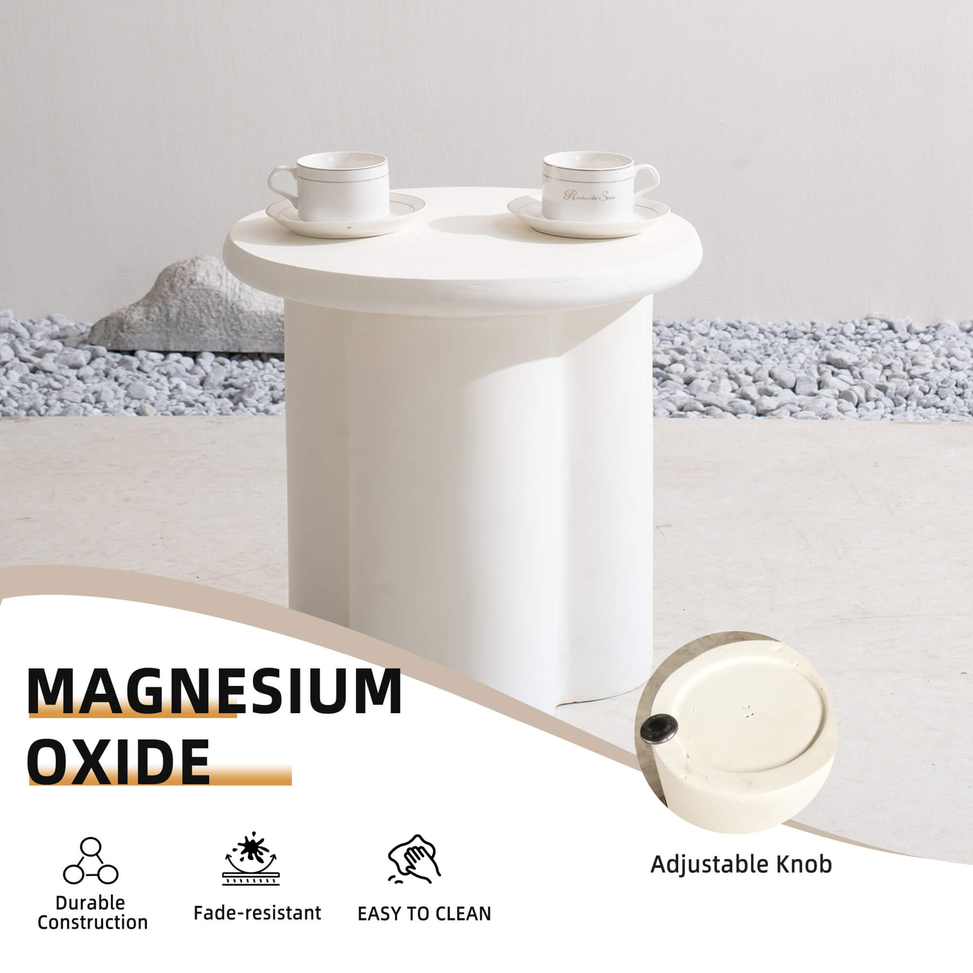 Premium Magnesium Oxide Round Side Coffee Table – Cream Color with Adjustable Knob - Direct Wicker